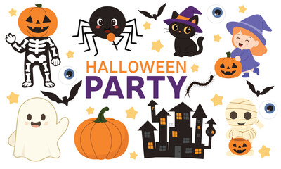 Halloween Party Spooky Characters and Festive Decorations. Hand Drawn Vector Art