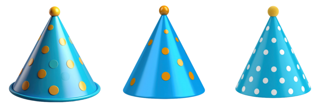 3D Plastic Style Party Hats Array In Turquoise Blue With Yellow Dots Against Transparent Background Representing Celebration And Festive Joy - Powered by Adobe