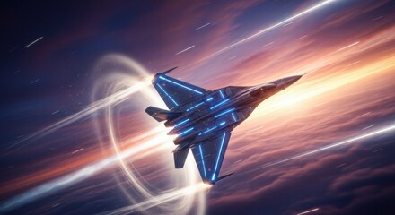 Neon-Lined Supersonic Jet Piercing a Dramatic Twilight Sky with Light Trails