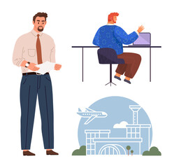 A man holding papers stands confidently, another works on a laptop at a desk, with an airport and airplane scene nearby. Ideal for teamwork, travel, remote work, decision-making, management