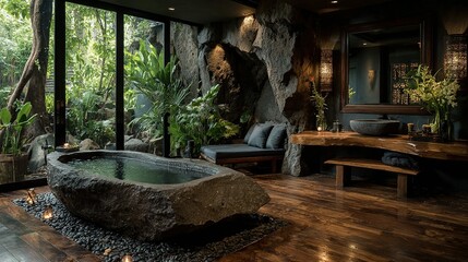 Luxurious bathroom with stone tub wooden furniture and lush green plants.