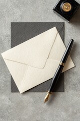 Elegant Stationery Still Life: Cream Envelope, Fountain Pen, and Inkwell on Gray Background