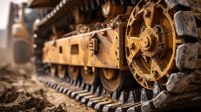 Bulldozer Track Closeup Shows Construction Equipment and Ground Detail