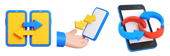 Three Dimensional Plastic Style Icons Representing Device Interaction and Data Exchange with Blue Yellow and Red Color Palettes