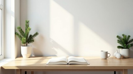 Serene Workspace Open Book, Plants, and Mug on a Light Wood Desk in Sunlit Room