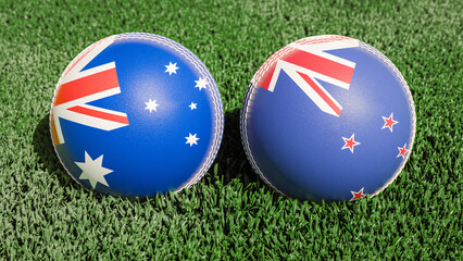 Two cricket balls featuring the flags of Australia and New Zealand, on a grassy field