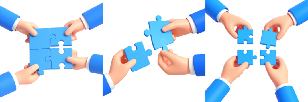 Hands In Blue Sleeves Assembling A Blue Puzzle On Transparent Background Illustrating Teamwork And Problem Solving
