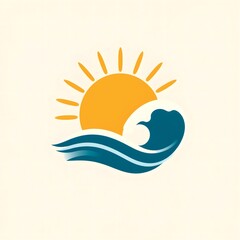 A bright, minimalist logo featuring a sun and a wave