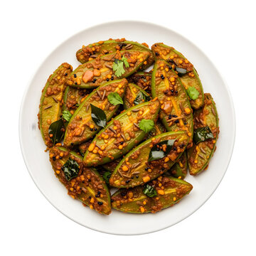 Flavorful Parval Masala Fry, a traditional Indian dish of pointed gourd stir-fried with spices, served on a white plate isolated on a transparent background 