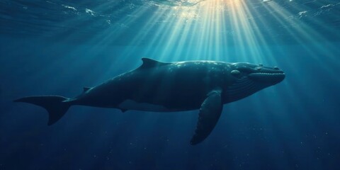Majestic Whale Silhouette Under Ocean Sunbeams A Serene Underwater Scene