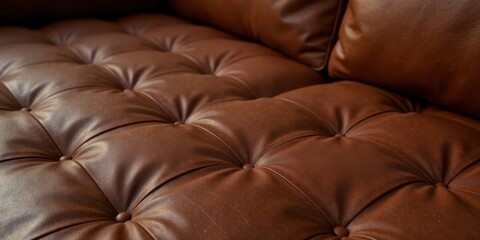 Naklejka premium Close-up view of rich brown tufted leather upholstery showcasing luxurious texture and inviting comfort for a sophisticated home setting
