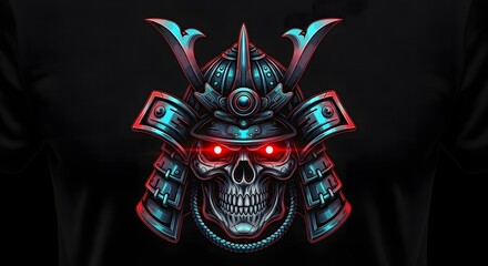Intricate futuristic samurai skull helmet with glowing red eyes and teal accents