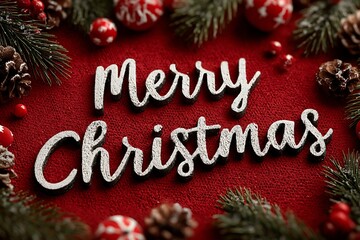 White Merry Christmas text on red textured background with pine cones and branches lettering
