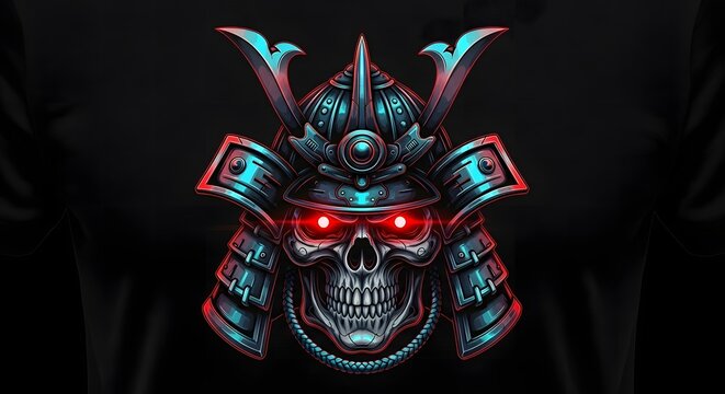 Intricate futuristic samurai skull helmet with glowing red eyes and teal accents