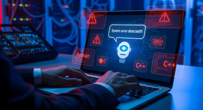 Programmer debugging critical system error with AI assistance in a futuristic tech environment