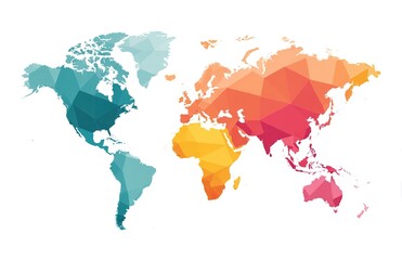 A flat vector illustration of the world map with five vibrant colors, a white background