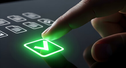 Finger presses glowing green checkmark confirming digital selection on modern interface