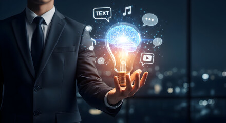 Businessman holds glowing lightbulb with digital brain, symbolizing innovation and communication ideas