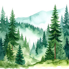 Fototapeta premium A vector illustration of a cold winter forest landscape with snow-covered fir trees and mountains, perfect for a holiday celebration or Christmas background design