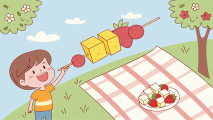 A cheerful boy holds a fruit and cheese skewer at a picnic with a blanket and trees in the background