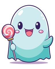 Cute kawaii ghost holding a swirl lollipop halloween t-shirt design halloween