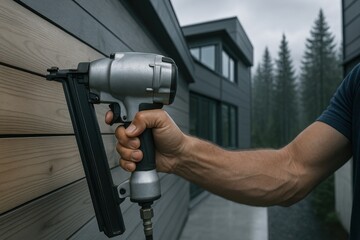A carpenter holds a pneumatic nail gun against a modern house siding.