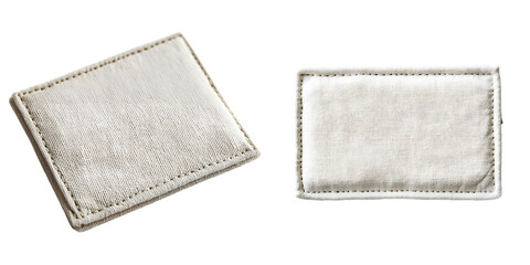 Rectangular fabric label featuring a stitched border, suitable for branding or garment labeling. isolated on a transparent background