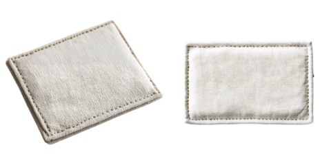 Rectangular fabric label featuring a stitched border, suitable for branding or garment labeling. isolated on a transparent background