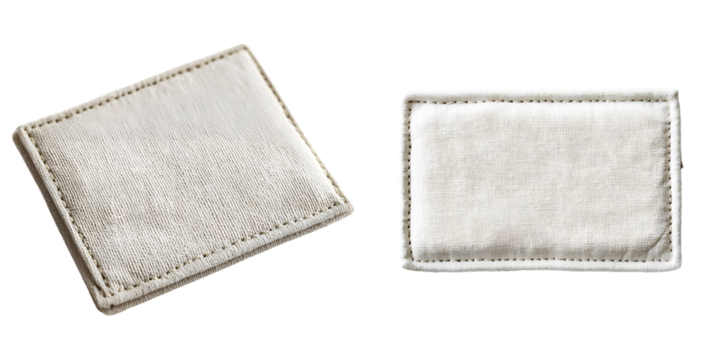 Rectangular fabric label featuring a stitched border, suitable for branding or garment labeling. isolated on a transparent background
