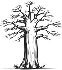 Baobab tree doodle, hand drawn thick lines, wide trunk with sparse branches, bold minimal black and white vector style 2