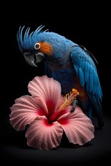 Obraz premium Beautiful blue parrot with vibrant feathers perched beside pink hibiscus flower on black background, exotic tropical wildlife and floral elegance symbolizing nature and vivid color contrast