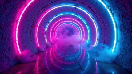 A Futuristic Neon Tunnel with Vibrant Pink and Blue Lighting and Smoky Atmosphere