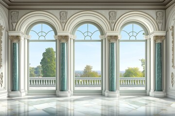Fototapeta premium Grand hall with large windows in palace or castle, surrounded by lush greenery