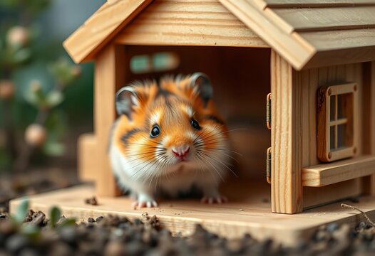 Tiny hamster with fluffy cheeks, exploring a miniature wooden house, whiskers, precious - Powered by Adobe