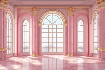 Naklejka premium Sunlight illuminates pink grand hall through large windows in palace or castle, surrounded by lush greenery