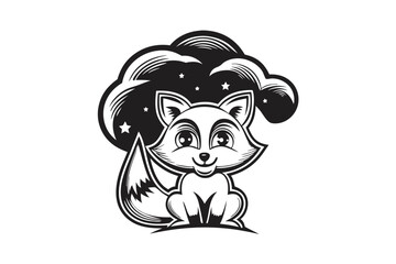 Charming Fox Cub, Cute Eyes, Happy Smile, and Starry Cloud on White