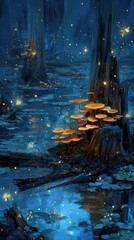 Obraz premium Enchanted Forest: Glowing Fireflies, Mushrooms, and Lily Pads in a Dreamy Blue Landscape