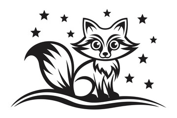 Cute Raccoon Sitting Under Starry Night Sky Element on White Background