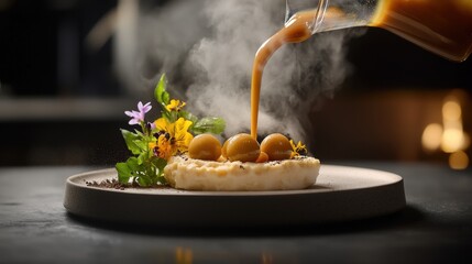 Fine dining butterscotch pudding with golden spheres, floral garnish and steaming sauce pour