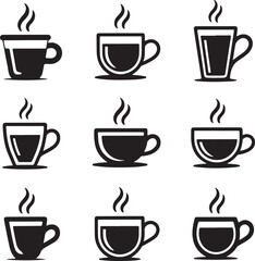 Coffee set icons, logo isolated on white background. Glasses and cups for coffee