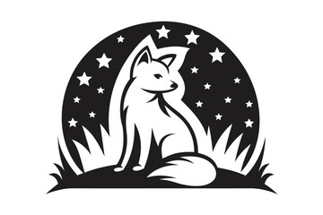 Fox Silhouette, Black & White Seated Fox on Starry Background, Elegant