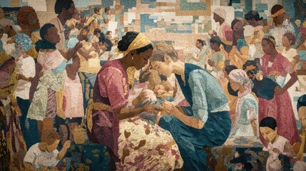 Embroidered Tapestry: Diverse Group with Two Women and Baby, Intricate Detail