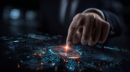 Hand interacts with glowing digital passport icon with circuit lines on blurred background, light tech style, concept of digital identity verification