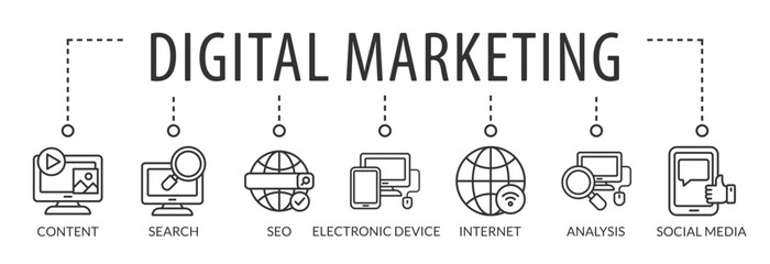 Vector Illustration concept of digital online marketing. Icons and symbols for content marketing, social media, viral, seo, website, keyword, advertise and internet marketing