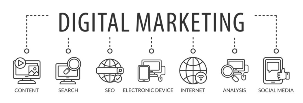 Vector Illustration concept of digital online marketing. Icons and symbols for content marketing, social media, viral, seo, website, keyword, advertise and internet marketing - Powered by Adobe