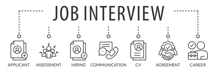 Banner job interview vector illustration concept with keywords and icons