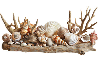 Obraz premium Seaside Arrangement Showcasing Driftwood and Shells on white background
