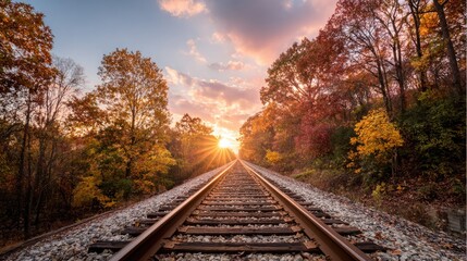 Fototapeta premium Autumnal sunset over a railroad track. Sunlight beams through colorful trees