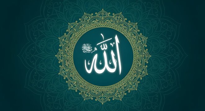 Beautiful islamic calligraphy of allah in an ornate golden frame on a textured teal background