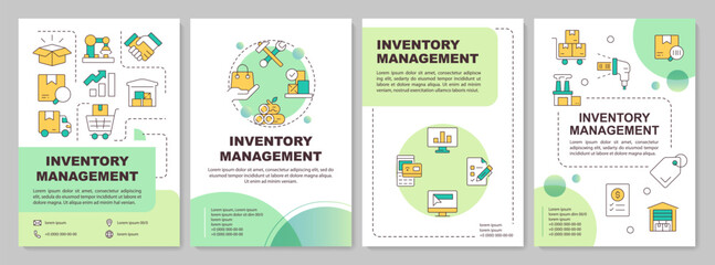 Inventory management green circle brochure layout. Strategy of supplies regulation. Leaflet advertising design with color line icons. Editable 4 pages. Arial-Bold, Myriad Pro-Regular fonts used